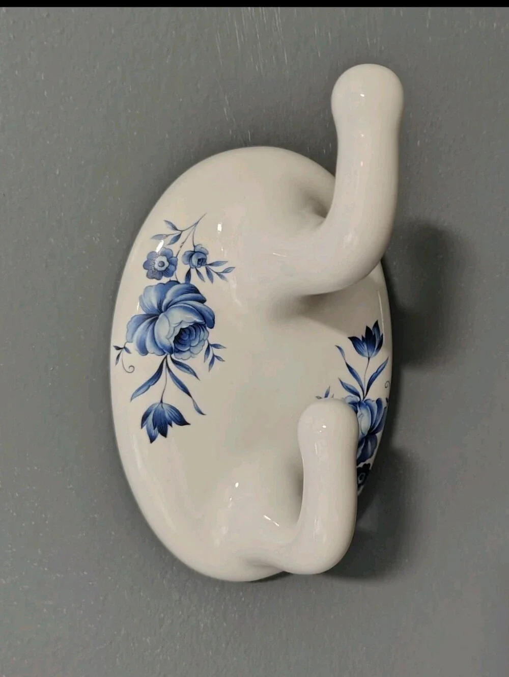 Vintage Double Wall Hook White Porcelain Ceramic Blue Roses